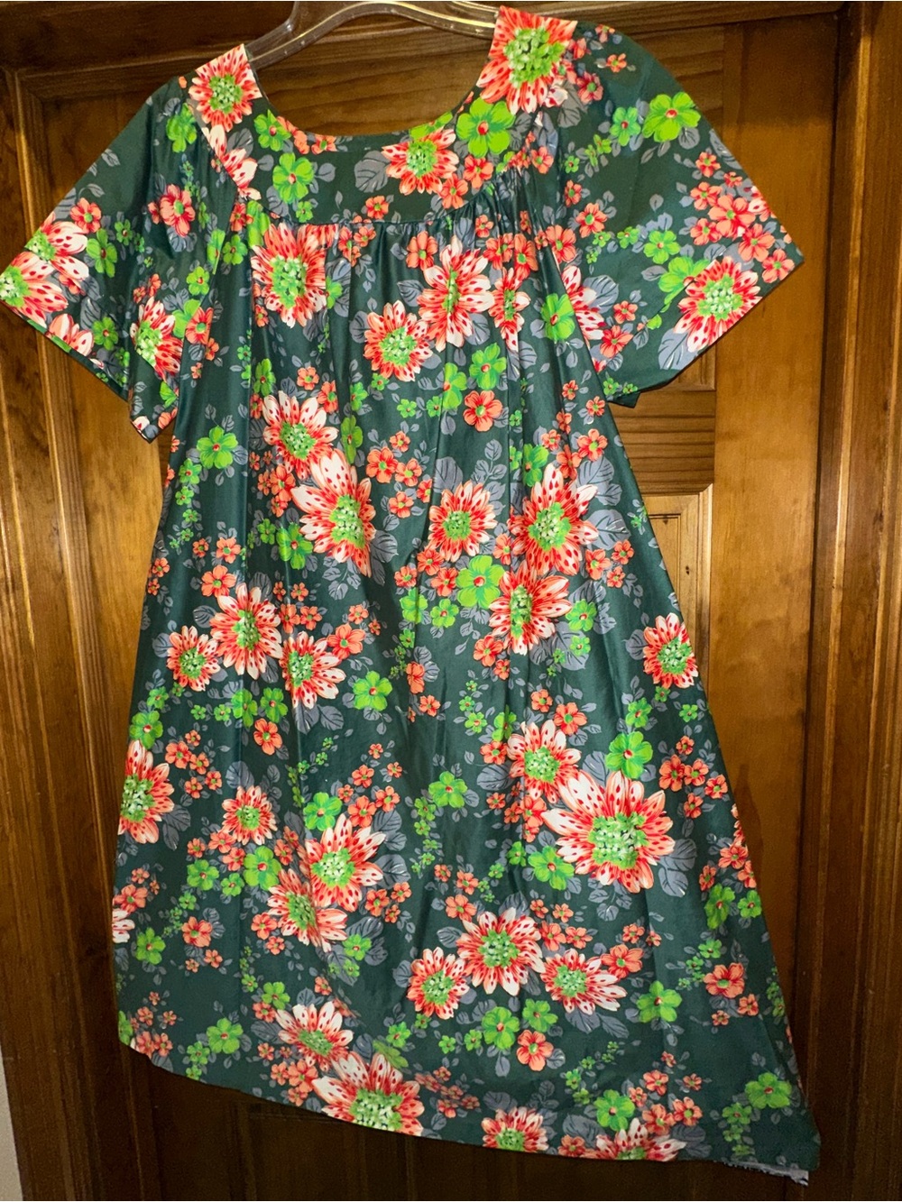 Floral Short-Sleeve Mini Dress in Teal, Coral & Green With Pockets